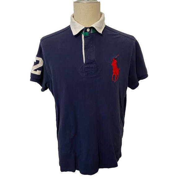 Vtg POLO RALPH LAUREN Cotton Polo Shirt Men's XL Navy BIG PONY Red Custom Fit - Picture 1 of 16